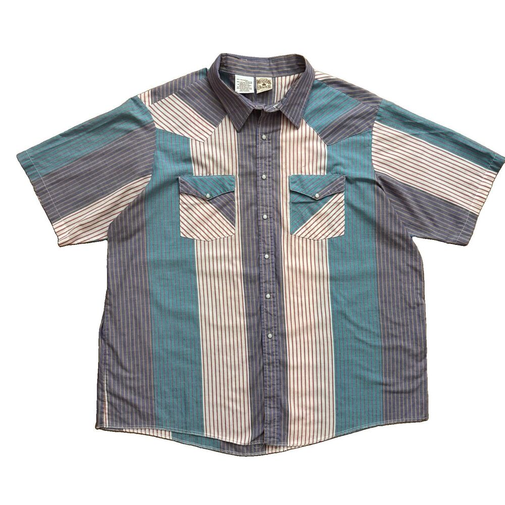 Vintage 80s Western Frontier Striped Pearl Snap Shirt Mens XXL Made in USA